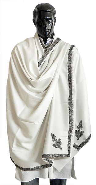Ivory White Woolen Kashmiri Gents Shawl with Embroidered Border