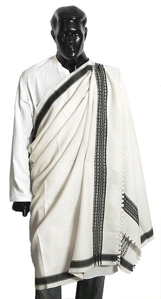 White Woolen Gents Kutchi Shawl with Black Weaved Design and Plain Border