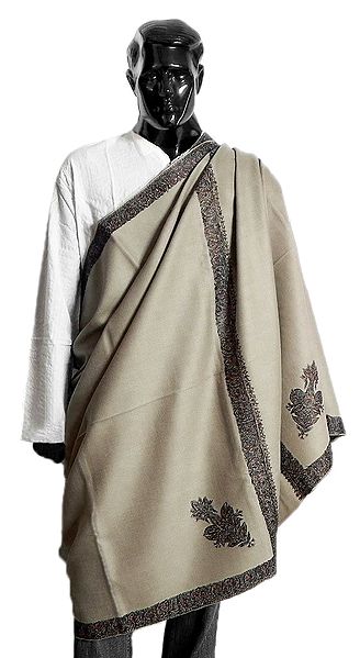 Light Brown Woolen Kashmiri Gents Shawl with Embroidered Border