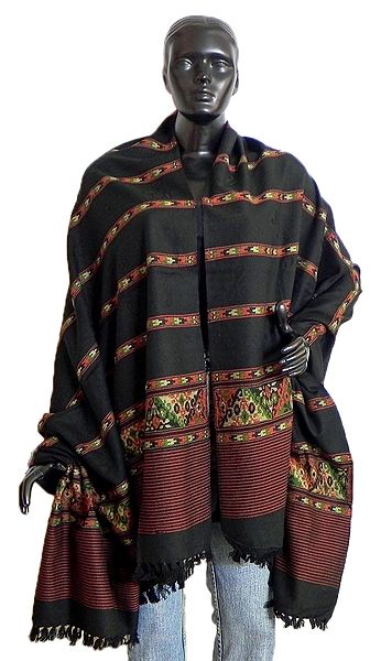 Black Kullu Shawl with Colorful Weaved Design from Himchal Pradesh