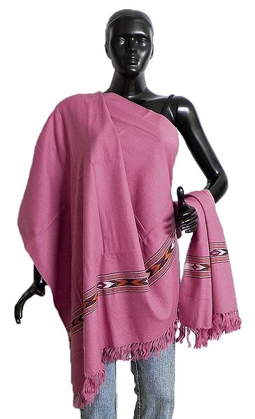 Rose Pink Kullu Shawl with Colorful Weaved Design from Himchal Pradesh