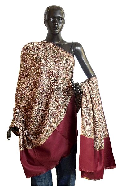 Maroon with Ivory Woolen Shawl with Paisley Design