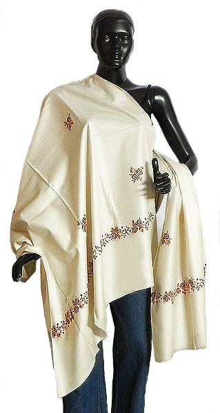 Plain Off-White Tusha Shawl with Hand Embroidery