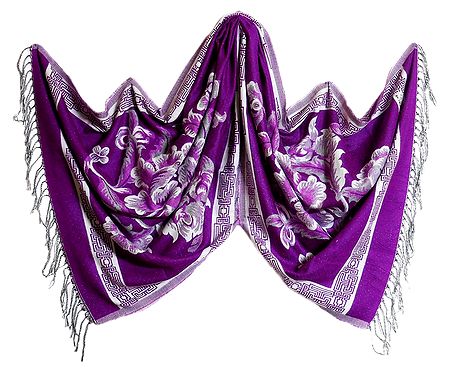 Reversible Mauve and White Woolen Stole with Weaved Floral Design 