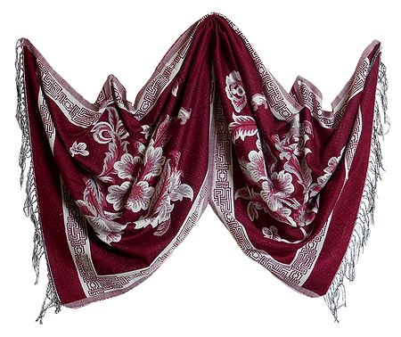 Reversible Maroon and White Woolen Stole with Weaved Floral Design 