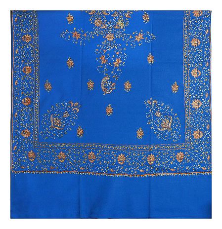 Embroidered Blue Kashmiri Woolen Shawl for Ladies
