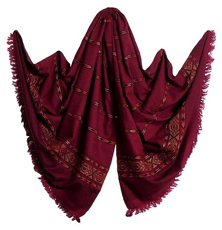 Maroon Kullu Shawl with Colorful Weaved Design from Himchal Pradesh