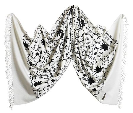 Black Embroidery on Light Woolen White Stole