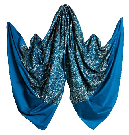 Cyan Blue Woolen Shawl with All-Over Paisley Design