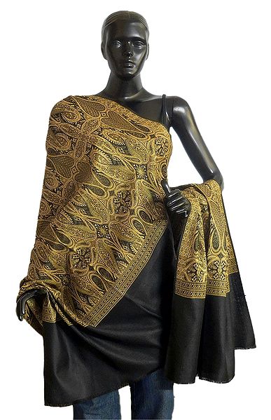 Yellow with Black Woolen Shawl with Paisley Design