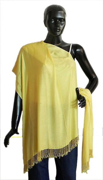 Yellow Woolen Stole with Beaded Fringe