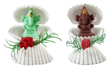 Set of 2 Green and Brown Ganesha in Shell