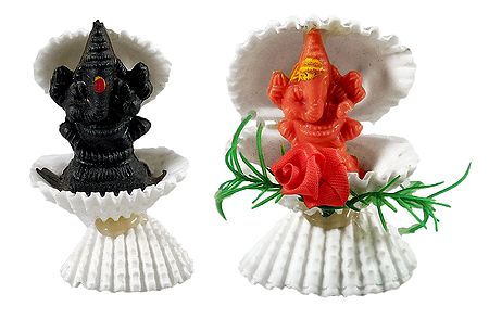 Set of 2 Saffron and Black Ganesha in Shell