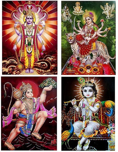 Vishnu, Krishna, Hanuman, Vaishno Devi - Set of 4 Glitter Poster