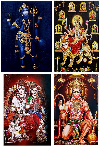 Shiva, Navadurga, Ram Darbar and Hanuman - Set of 4 Posters