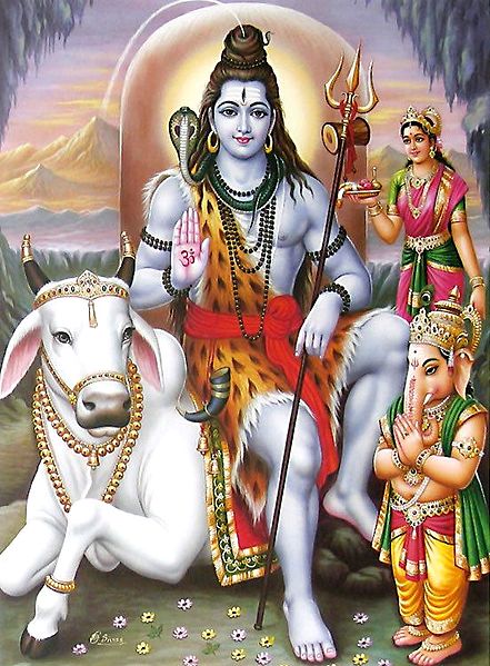 Lord Shiva Sitting on the Bull with Parvati and Ganesha
