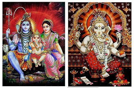 Shiva Family and Ganesha - Set of 2 Glitter Posters