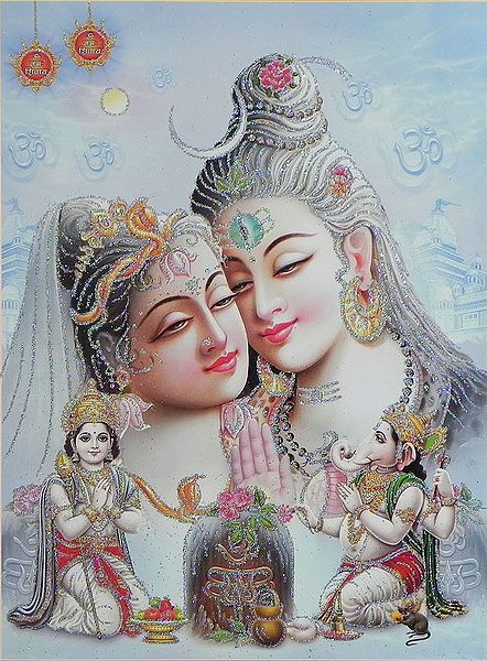 Shiva, Parvati,Kartik and Ganesha - Glitter Poster