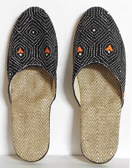 Ladies Jutti with Kantha Stitch on Black Silk Cloth and Rubber Sole