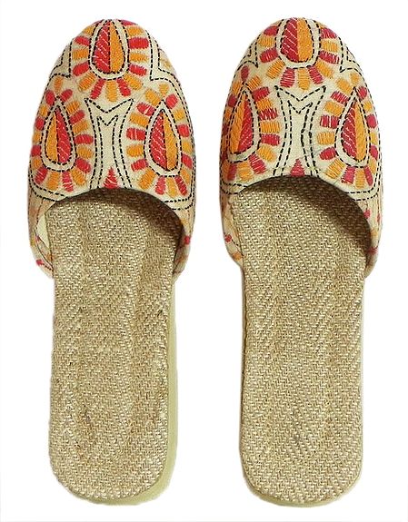 Ladies Jutti with Kantha Stitch on Beige Silk Cloth and Rubber Sole
