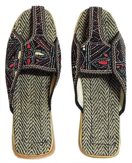 Ladies Jutti with Kantha Stitch on Black Silk Cloth and Rubber Sole