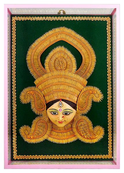 Clay Face of Durga with Paddy Decoration Encased in Glass - Wall Hanging