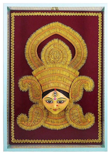 Clay Face of Durga with Paddy Decoration Encased in Glass - Wall Hanging