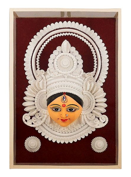 Clay Face of Durga with Decoration Encased in Glass - Wall Hanging