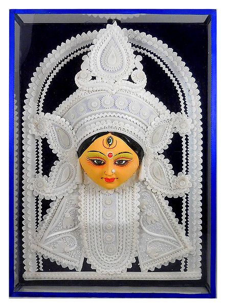 Face of Goddess Durga - Sholapith Sculpture Eacased in Glass - Wall Hanging