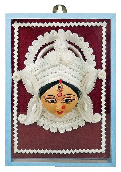 Clay Face of Durga with Sholapith Decoration - Wall Hanging