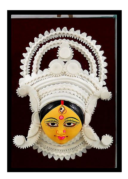 Clay Face of Durga with Decoration Encased in Glass - Wall Hanging