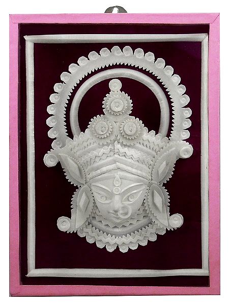 Shola Pith Face of Durga with Decoration Encased in Glass - Wall Hanging
