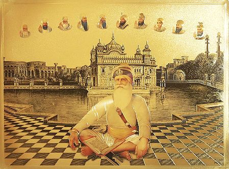 Baba Deep Singh Ji in Front of Golden Temple with the Ten Sikh Gurus
