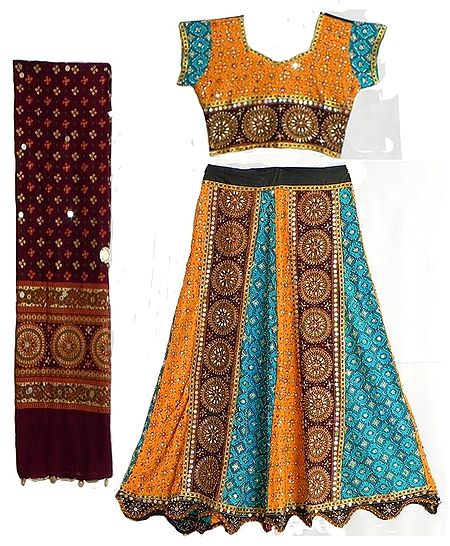 Multicolor Cotton Lehenga and Adjustable Choli with Knotted Back and Elaborate Bead and Sequin Work with Maroon Dupatta