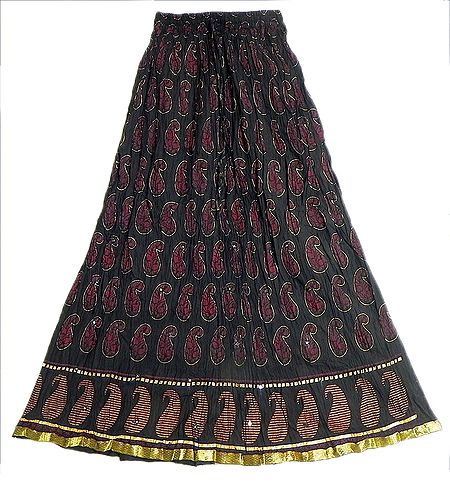 Black Crushed Cotton Skirt with Red and Golden Block Print