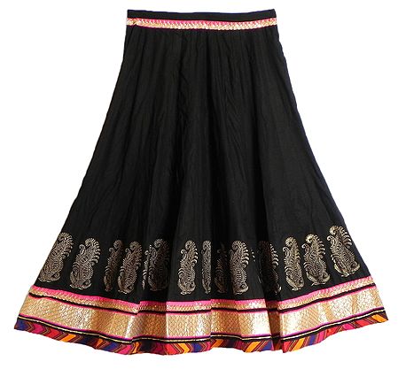 Black Cotton Long Skirt with Multicolor Border