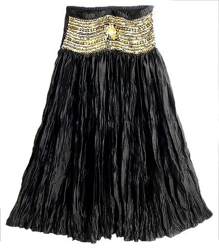 Black Satin Silk Crushed Gypsy Long Skirt With Sequined Waist Band