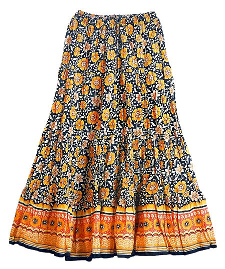 Yellow Floral Print on Black Cotton Crushed Long Skirt