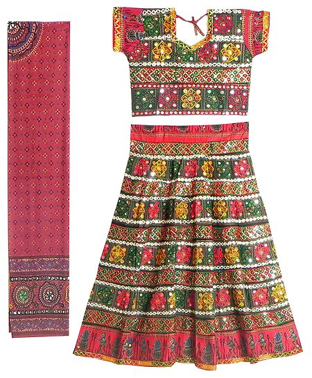 Red Tie and Dye Dupatta and Multicolor Cotton Lehenga Choli with Embroidery and Faux Mirror Work