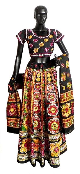 Red, Yellow, Green and white Embroidery on Black Cotton Lehenga Choli with Dupatta and Elaborate Bead and Sequin Work
