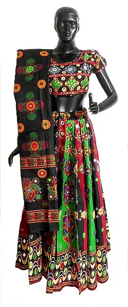 Multicolor Embroidery on Red and Black Cotton Lehenga Choli with Black Dupatta and Elaborate Sequin Work