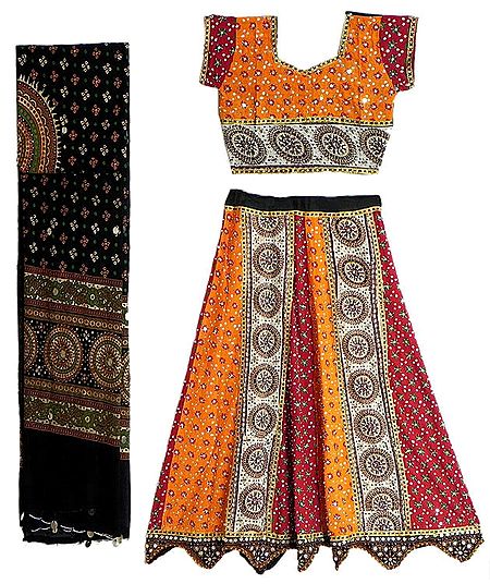 Multicolor Cotton Lehenga and Adjustable Choli with Knotted Back and Elaborate Bead and Sequin Work with Black Dupatta
