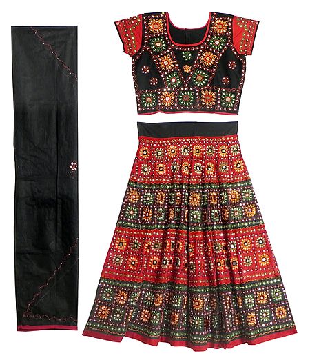 Black and Red Cotton Lehenga Choli with Embroidery