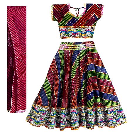 Multicolor Stripe with White Stone Studded Cotton Ram Lila Lehenga Choli and Red Dupatta with Embroidery and Elaborate Sequin Work