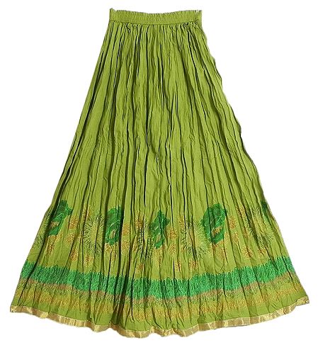 Olive Green Cotton Crushed Long Skirt with Print and Zari Border