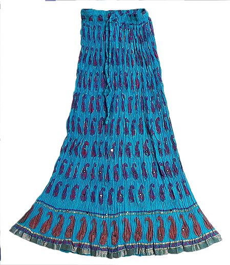 Cyan Blue Crushed Cotton Skirt with Red and Golden Block Print