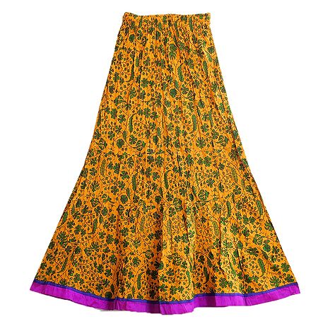 Print on Yellow Crushed Cotton Long Skirt with Adjustable Elastic Waist