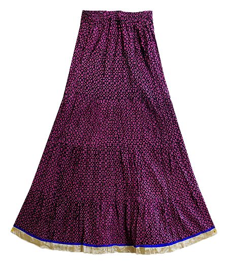 Print on Black Crushed Cotton Long Skirt with Adjustable Elastic Waist
