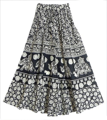 Black and White Long Skirt with Printed King on Elephant