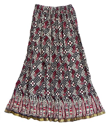 Maroon and Black Print on Off-White Crushed Cotton Skirt